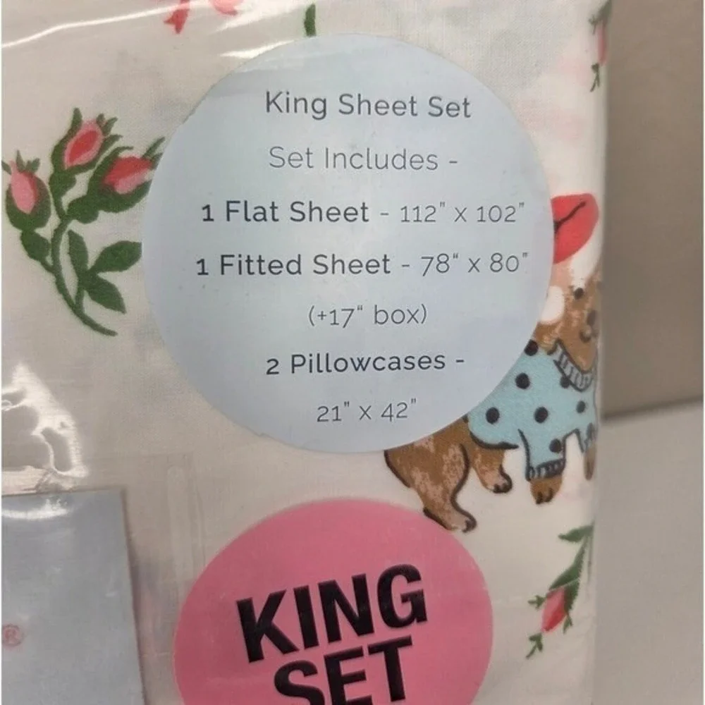 Cath Kidston Puppy Love Pink King Sheet Set 100%‎ Cotton Christmas Dogs Holiday